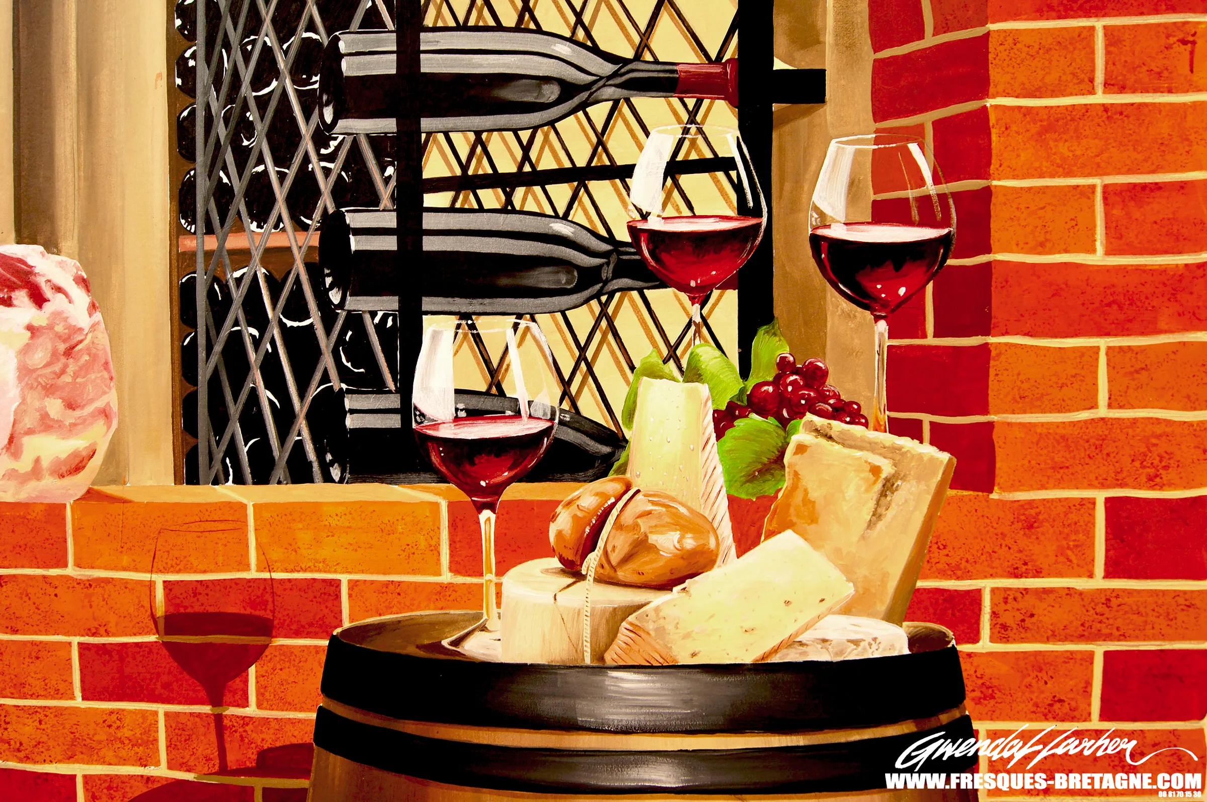 Nature morte: verres de vin rouge, fromages et casiers à bouteilles, trompe-l'œil murale à Quimper